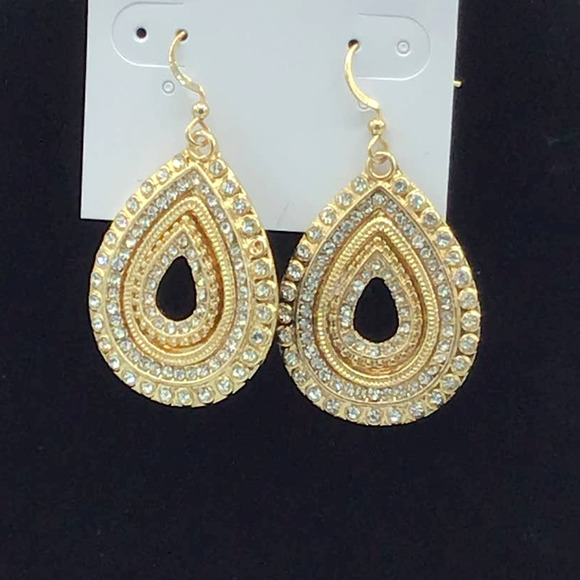Gold and Rhinestone Tear Drop Earrings - Picture 2 of 2